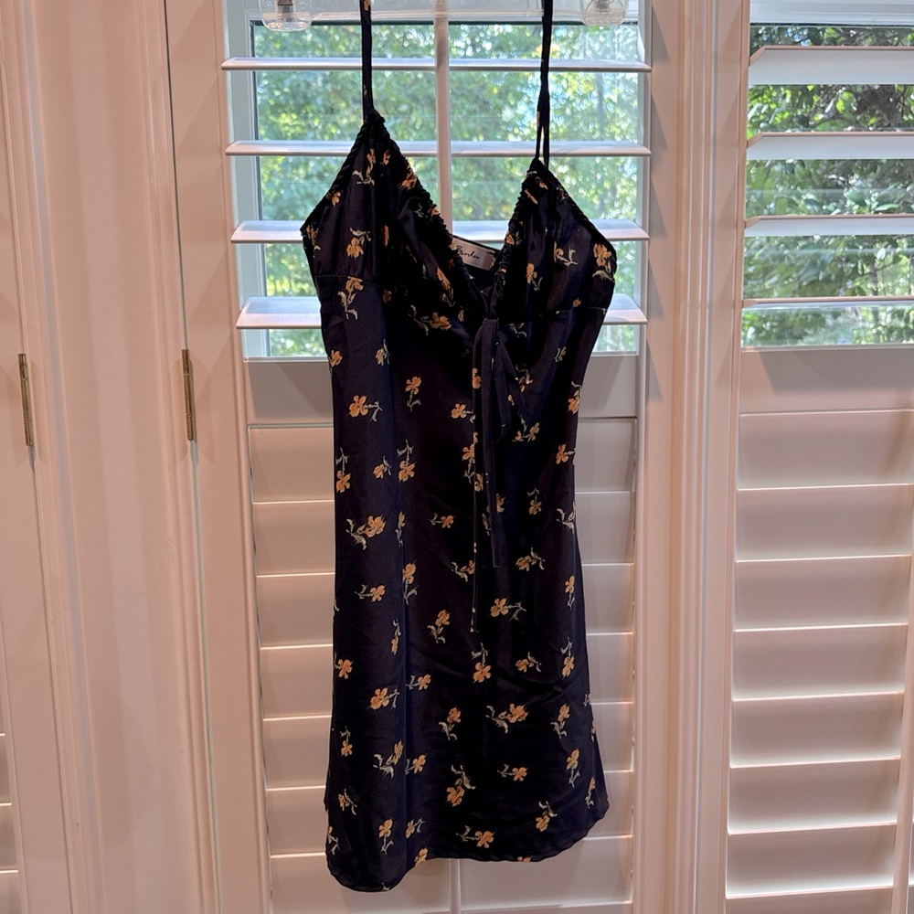 Navy blue floral slip dress adjustable tie front